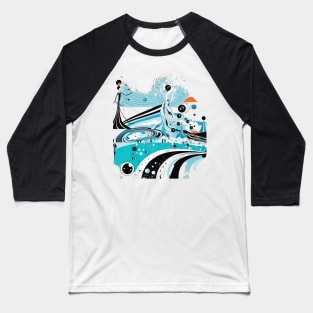 Whimsical Water Drops: A Modern Abstract Black and White Drawing Illustration of a Sky-Blue and Aquamarine Person Baseball T-Shirt